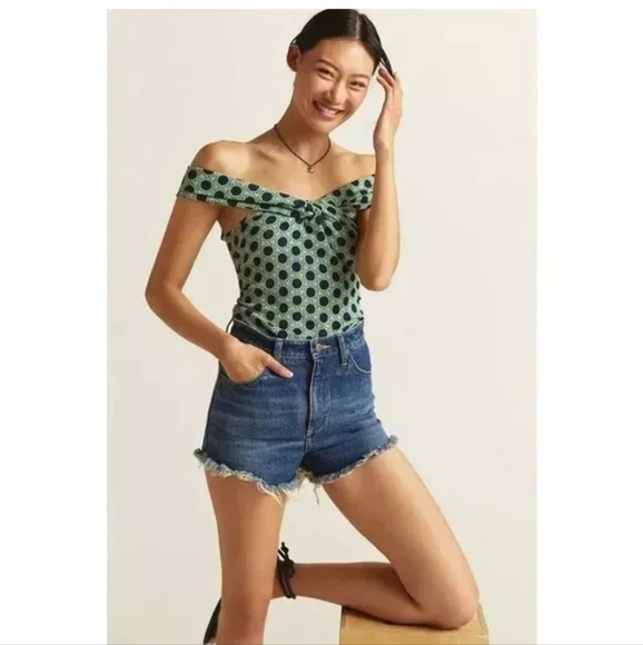 💚5/$25 Anthropologie Maeve Off The Shoulder Polka Dot Twist Stretch Top Medium - Picture 1 of 6